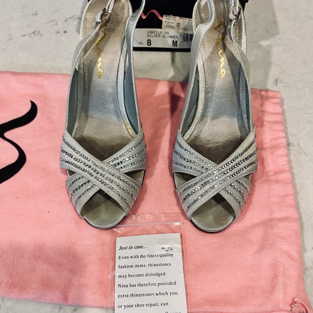 Nina Camille Heel Silver Glimmer 3inch Heels Open Toe with rhinestone detail. 8M